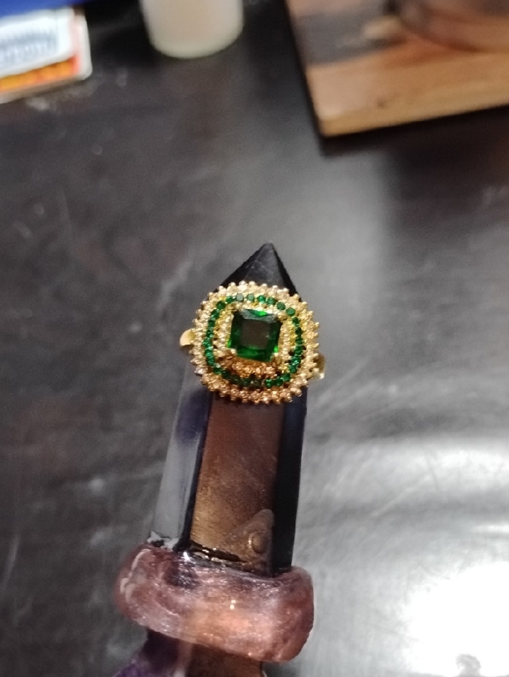 Fashion Jewelry Gold-Tone Green And White Stones  Cocktail Ring Size 7